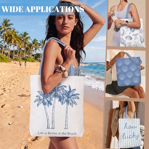 Reginary 6 Pcs Coastal Canvas Tote Bags with Pocket Summer Beach Themed Gifts Blue Seashell Starfish Conch Coral Pattern