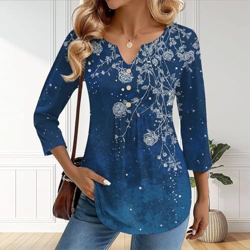 YABTF Womens Boho Floral Tunic Tops V Neck Button 3/4 Sleeve T Shirts for Women Casual Drssy Spring Summer Graphic Blouses