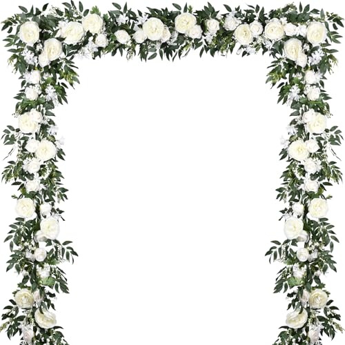 Lvydec 2 Pack Artificial Peony Flower Garland - 6ft Silk Peony Vine Willow Leaves Garland White Arch Flower Vine for Weddi...