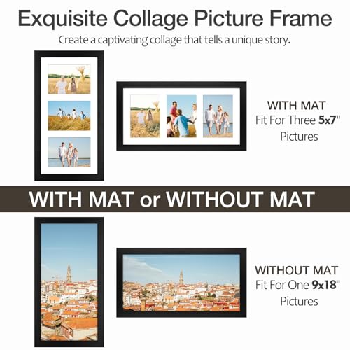 Golden State Art, 9x18 Black Wood Frame - White Mat for Three 5x7 Pictures - Sawtooth Hangers- Swivel Tabs - Wall Mounting...