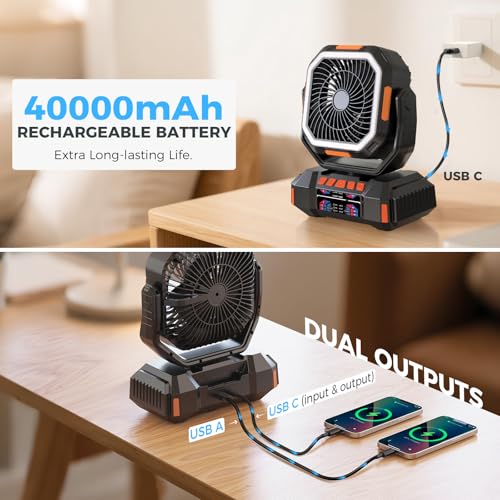 Glitnous Portable Camping Fan 40000mAh Battery Powered, Rechargeable Camping Fan with Remote & LED Light, 4 Speed Strong A...