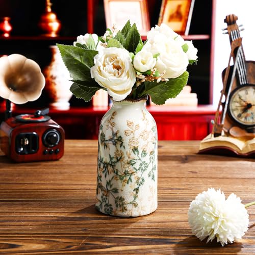 Ninehaoou Green Vintage Vase Ceramic Crackle Floral Vase for Farmhouse Retro Home Bookshelf Living Room Table Centerpiece ...