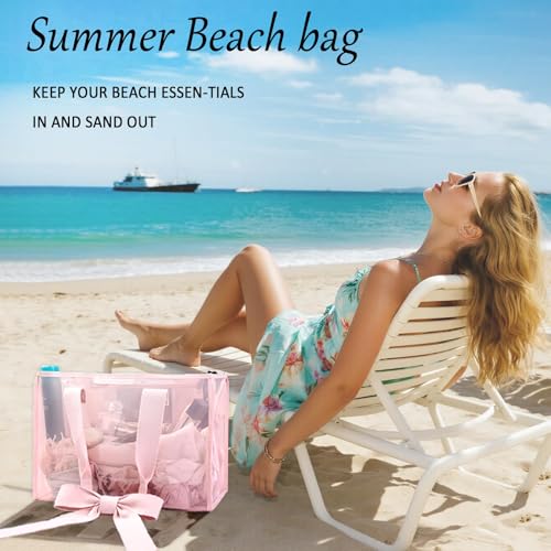 GEVICK Pink Jelly Tote Bag, Bow Tote Bags for Women,Beach Bags for Women,Pool Bags for Girl,Cute Beach Waterproof Tote Bag