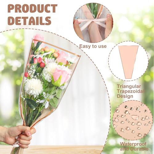 50PCS Flower Wrapping Bags for Bouquets 17 x 11in Pink Floral Bouquet Packing Sleeves with Ribbon Plastic Flower Bouquet S...