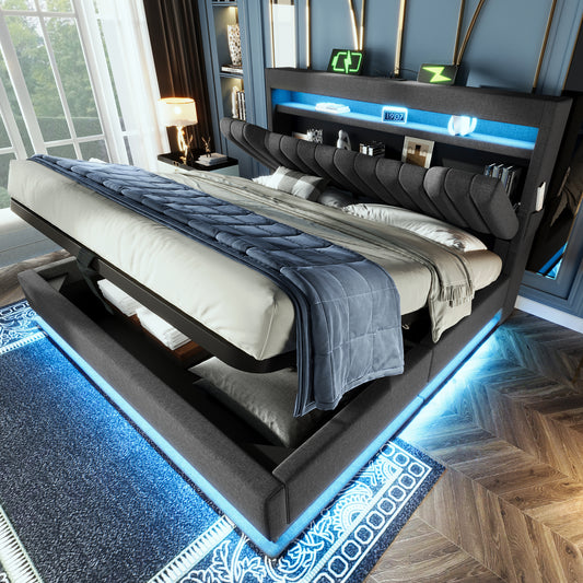 Upholstered Bed 180 X 200 Cm With LED Lighting, USB Type-C Charging, Storage Headboard For Cellphones And Tablets, 6ft Hydraulic Storage Bed With Metal Slatted Frame, Linen, Grey  No Mattress