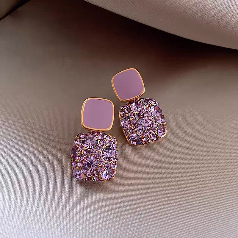 Sweet Korean Purple Rhinestone Earrings For Women Crystal Flower Studs Luxury Versatile