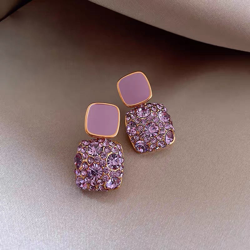 Sweet Korean Purple Rhinestone Earrings For Women Crystal Flower Studs Luxury Versatile