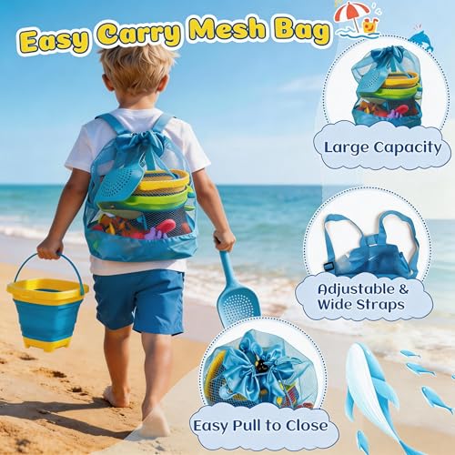 UBeesize 37 PCS Beach Toys , 3-in-1 Construction & Treasure Hunt Sand Toys with 2 Collapsible Buckets, 2 Trucks, Castle Bu...