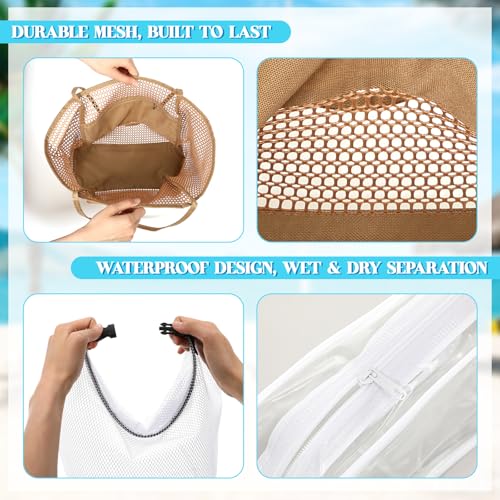 Hsei 3 Large Mesh Beach Bag Tote Set for Women, Khaki Collapsible Tote, Includes Waterproof Swimsuit Dry Bag & Clear Cosme...
