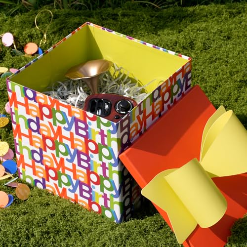 BIOBROWN Medium Birthday Gift Boxes with Lids for Presents, 9x9x9 Inches Text Design Collapsible Gift Box for Birthday, Ba...