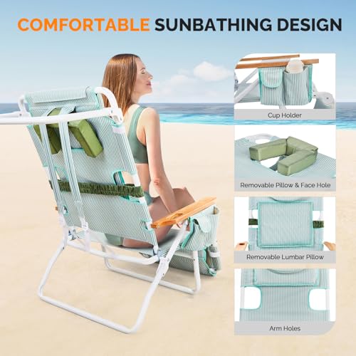 VINGLI Deluxe 3 in1 Beach Chair, Tanning Chair with Face Hole, Reclining Lounge with Foot Rest, Cup Holder and Storage Ba...