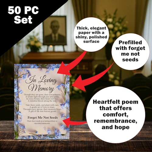 50pc Blue Premium Pre-Filled Forget Me Not Seeds Packets Favors for Funerals, Funeral Decorations, Celebration of Life Dec...