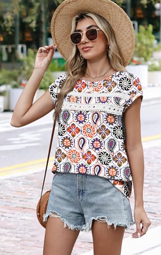 WIHOLL Womens Summer Tops Trendy 2026 Lace Crochet Cap Short Sleeve Shirts Crew Neck T Shirts Casual Loose Blouses