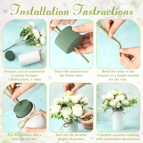 Domensi 6 Sets Wedding Floral Centerpiece for Table Decor, Artificial Peonies Silk Flowers Bouquet with Flower Foam and Me...