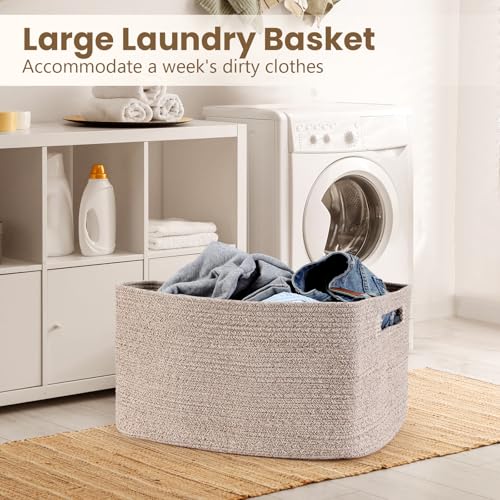 Optish 75L Large Blanket Basket, Woven Storage Baskets with Reinforced Handles, Rope Laundry Basket for Living Room, Bedro...