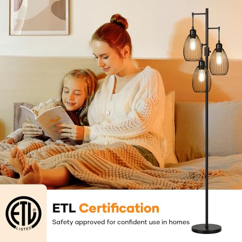 Dimmable Floor Lamp, 3 x 800LM LED Edison Bulbs Included, Farmhouse Industrial Floor Lamp Standing Tree Lamp with Elegant ...