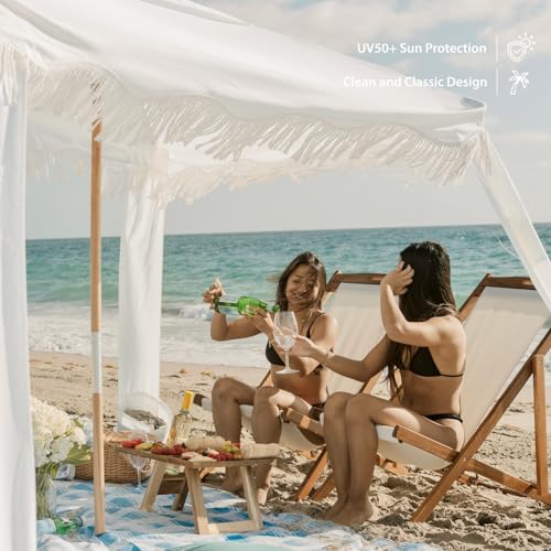 AMMSUN Beach Cabana with Fringe, 6.5' x 6.5' Boho Beach Canopy with Tassels, Easy Set up & Premium Wood Pole, Cabana Tent ...