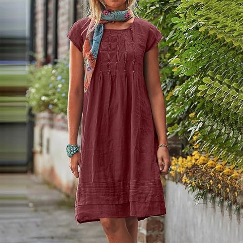 Cotton Linen Dresses for Women Casual Short Sleeve Crew Neck Floral Embroidery Dress Loose Pleated Front Midi Dress