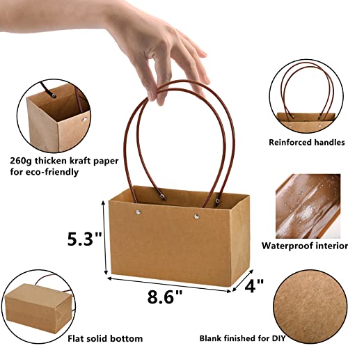 DEAYOU 10-Pack Kraft Paper Flower Gift Bags, Brown Bouquet Bag Box with Handle, Small Brown Paper Carrier Tote Bags with W...