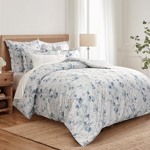Levtex Home - Florina Comforter Set - Floral - Teal Blue Grey White - Comforter (106 x 94in.) and Two Pillow Cases (36 x 2...