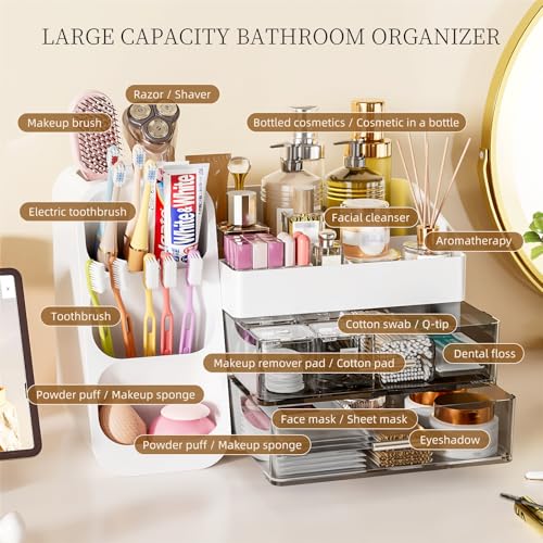 Makeup Organizer with Drawers for Vanity Bathroom Counter Organizers and Storage, Large Skincare Organizer with Brush Toot...