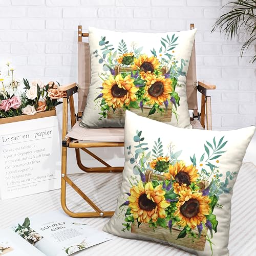 Kwlegh Sunflower Pillow Covers Spring Summer Floral Throw Pillow Covers Set of 2 Sunflowers with Eucalyptus Leaves Farmhou...