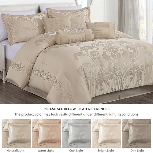 Chezmoi Collection Royale 7-Piece Jacquard Floral Comforter Set, Oversized King, Champagne