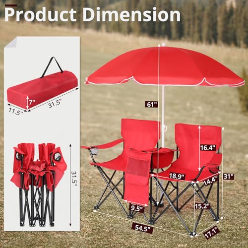 Outvita Folding Double Camping Chair w/Umbrella Beverage Holder Carrying Bag Cooler Fold Up Table, Large Bearing Capacity ...