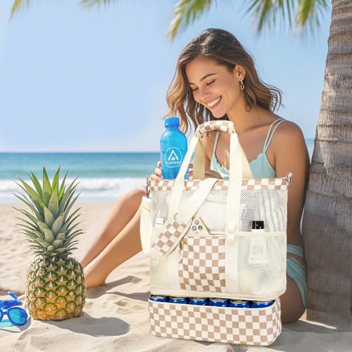 Bluboon Mesh Beach Tote Bag with Cooler Compartment Insulated Detachable Picnic Bag with Zipper and Pocket Pool Bag for Women