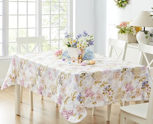 Newbridge Avery Garden Blooms and Buds Vinyl Rectangle Tablecloth, Hydrangea Pink Floral 60 x 102 Inch Flannel Backed Tabl...