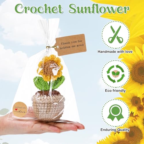 Soulchen 10 Sets Sunflower Teacher Appreciation Gifts Handmade Crochet Flowers with Card Thank You for Helping Me Grow Tha...