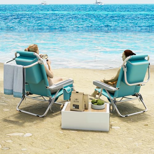 Tangkula Set of 2 Backpack Beach Chair, 5-Position Lightweight Folding Lay Flat Beach Chairs with Storage Bag, 2 Cup Holde...