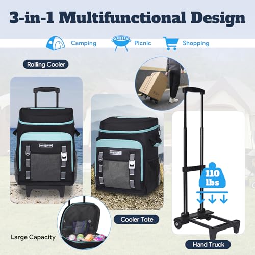 INSMEER Cooler with Wheels and Handle, 80 Cans/50L Rolling Cooler, Portable Soft Sided Cooler with Wheel, 2-in-1 Collapsib...