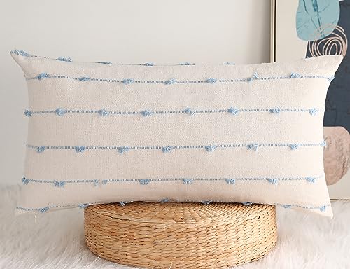 NUYECY Boho Long Lumbar Pillow Covers 16 x 26 Blue,Classic Stripe Pattern Cotton Decorative Long Lumbar Pillow Case Cushio...