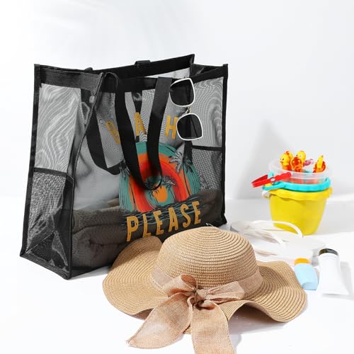 KUIRAN 30L Large Beach Bag with Pouch Foldable Sandproof Lightweight Mesh Tote Bag with Two Pockets for Swimming Travel