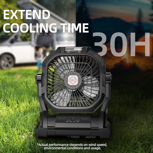 Camping Fan Rechargeable, 20000mAh Battery Powered Portable Fan with LED Light & Hook, 4-Speed 270° Adjustable, Camping Es...