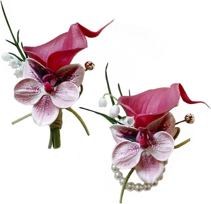 MAFELOE 2 Pieces Corsage and Boutonniere Set, Artificial Calla Lily& Orchid Flowers Accessories Decorations for Wedding Pr...