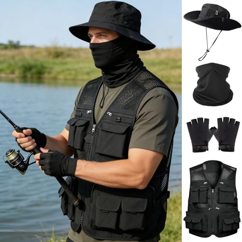 HUNTURE Fishing Vest,Pocket Travel Vest and Hat Gloves Neck Gaiter for Safari Hiking,Lightweight Work Cargo Vest for Men