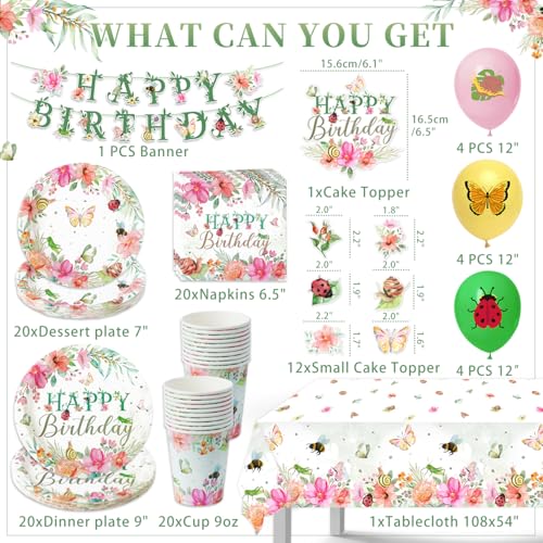 Floral Birthday Party Decorations for Women, Butterfly Party Supplies Includes Flower Plates and Napkins Happy Birthday Ba...