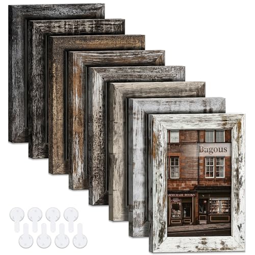 Bagous 4x6 Picture Frames Set of 8, Vintage Rustic Farmhouse Industrial Style Photo Frames, High Definition Real Glass, fo...
