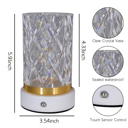 MMHF Crystal Table Lamp, Portable LED Bedside Lamp Touch Control, 3 Color Modes Dimmable, USB Rechargeable Night Light, Wa...
