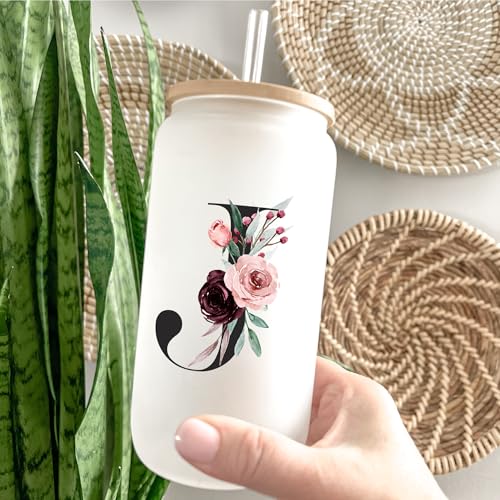 Birthday Gifts for Women, Personalized Customized Cute Glass Cups with Lids and Straws, Initial Drinking Iced Coffee Cup, ...