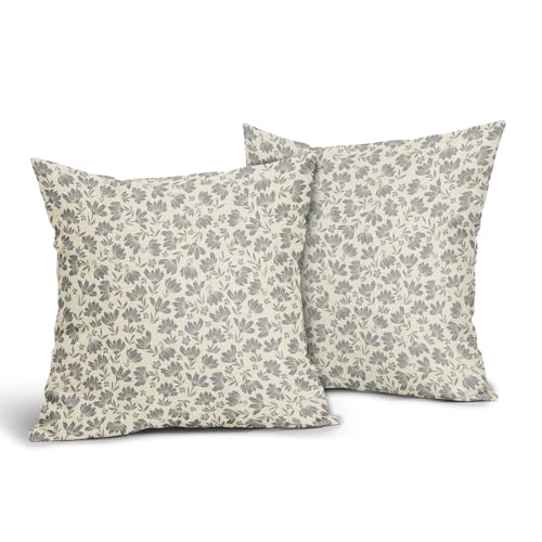 Kawani Daisy Floral Block Print Pillow Covers 18X18 Inch Gray Grey Beige Flowers Decorative Square Pillow Cases Set of 2 F...