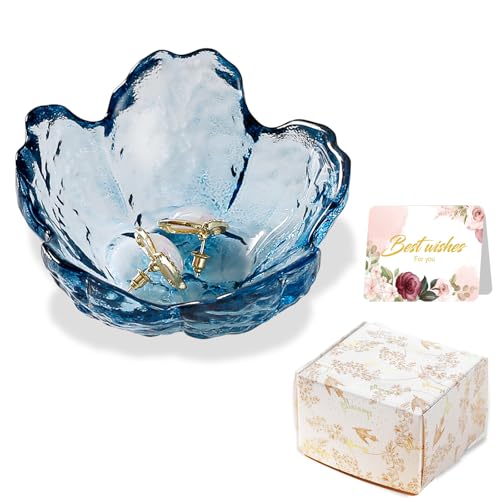 Binoster Blue Flower Glass Ring Dish Jewelry Tray Ring Holder Dish Cute Room Decor Vanity Organizer for Nightstand or Bath...