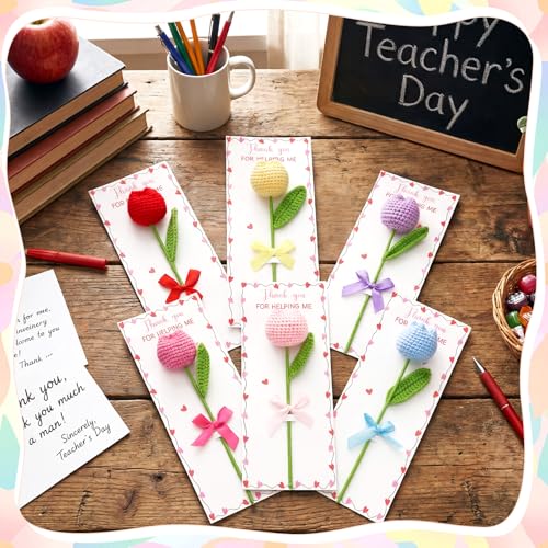 Wavwavw 6 Sets Teacher Appreciation Week Gifts Bulk Positive Handmade Tulip Crochet Flower Thank You for Helping Me Grow F...