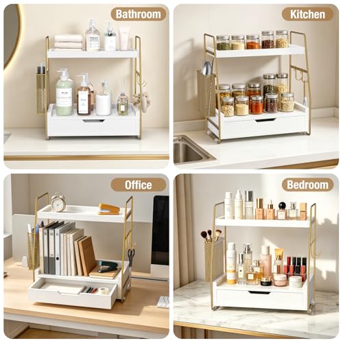 ROPALINS 2-Tier Bathroom Counter Organizer with Drawer & Removable Basket, Wood & Metal Vanity Organizer for Skincare, Mak...