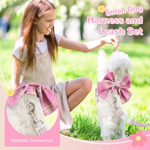 UETZLTB Cute Dog Harness and Leash Set with Bow Tie Soft Mesh Plaid Girl Puppy Harness No Pull Pet Cat Dog Vest Harness fo...