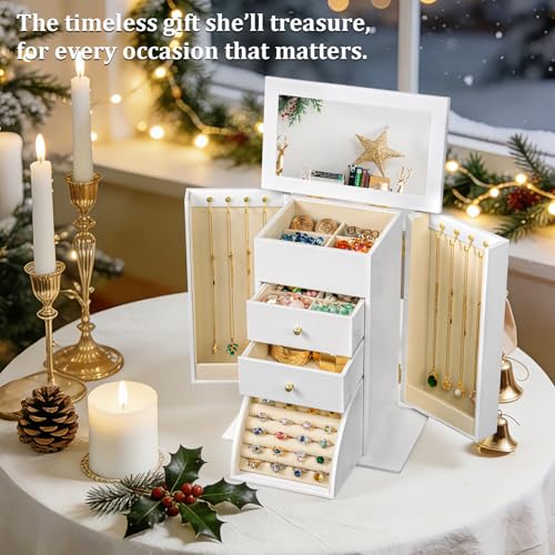 Emfogo Synthetic Leather Jewelry Box Organizer, Large Jewelry Boxes Storage with Mirror Velvet Interior, 4 Tier Jewlery Or...
