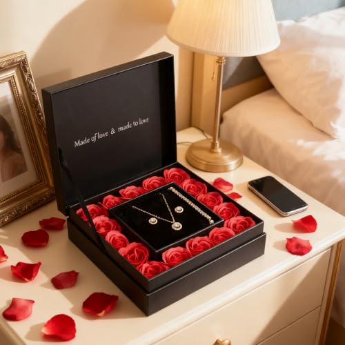 WDS WONDROUS Preserved Rose Jewelry Set for Women, 4-Piece Red Rose Gift Box with Necklace Earrings Bracelet, Valentines D...