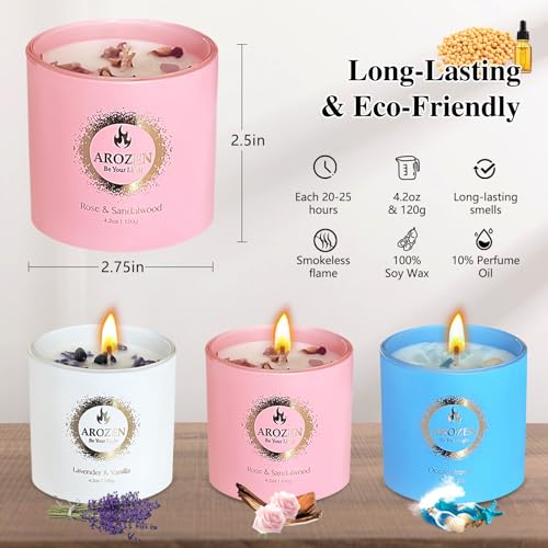 AROZEN 3 Pack Scented Candles Gift Set for Women – Lavender, Ocean, Rose Soy Candles with Crystals & Seashells, 70-Hour To...